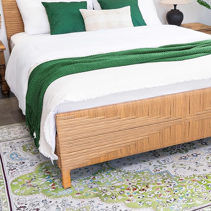Yechen Boho Full Bed Frame with Headboard and Footboard, Hand-Woven Rattan Mid Century Modern Bedframe with Vintage Pattern, Wicker Bed with Metal Frame and Metal Slats, No Box Spring Needed, 1000lbs