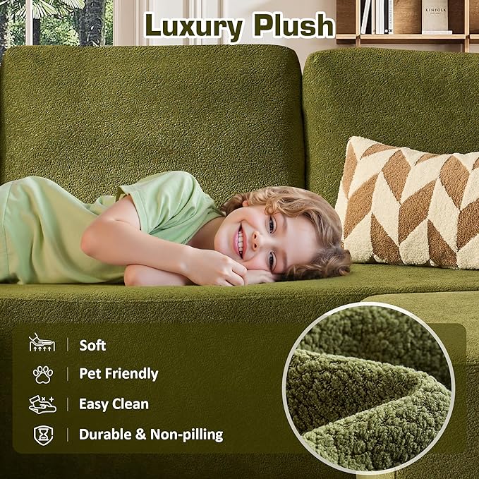 106" Cloud Sectional Couch with L-Shape Chaise & Ottoman, No Assembly Modular Sofa, Deep Seat Corduroy Boneless Couched for Living Room (Green Cloudy Velvet, Left Facing Chaise with Ottoman)