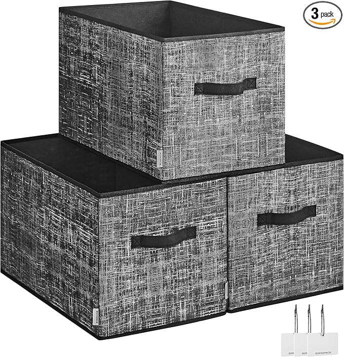 SONGMICS Storage Cubes, 19.7 x 11.8 x 11.8 Inches Non-Woven Fabric Bins with Double Handles, Set of 3, Closet Organizers for Shelves, Foldable, for Clothes, Ink Black UROB450B01