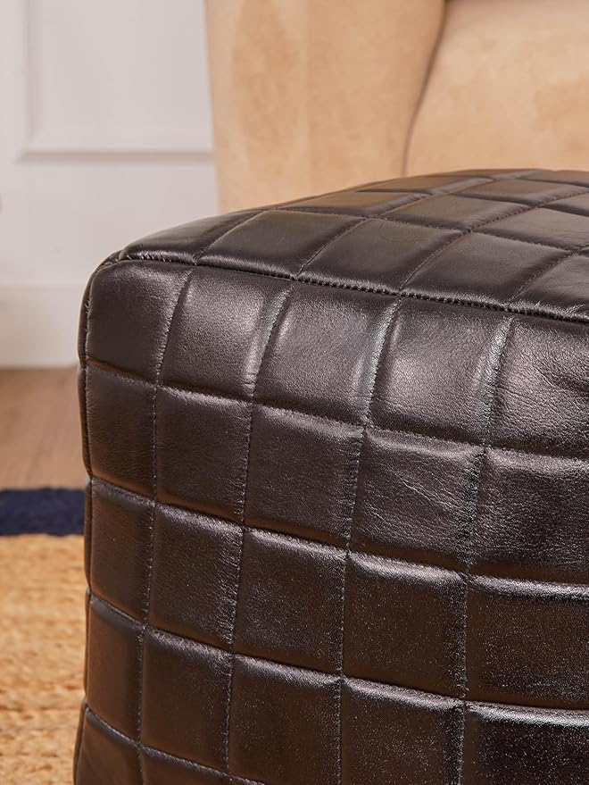 Handmade Eco-Friendly Geometric Leather Pouf Black Color Square 16" x 16" x 16" Goat Leather Pouf for Living Room, Bedroom Seating, Patio
