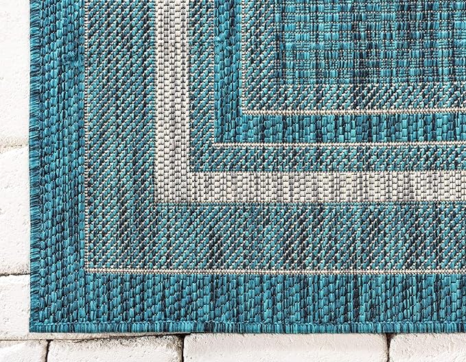 Unique Loom Outdoor Border Collection Area Rug - Soft Border (9' x 12' Rectangle, Teal/ Ivory)