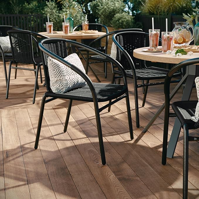 EMMA + OLIVER Set of 2 Modern Rattan Indoor/Outdoor Stack Chairs, Stacking Rattan Patio Chairs with Curved Back and Cross Bracing, Black