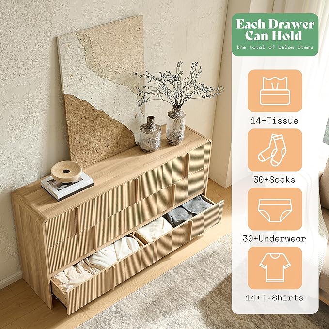 AMERLIFE 63" Fluted 7 Drawer Dresser, Long Modern Chest of Storage Drawers with Pine Handles, Rounded Corners & Anti-Tip Design, Wood Closet Organizer for Bedroom, Living Room, Nursery, Natural Oak