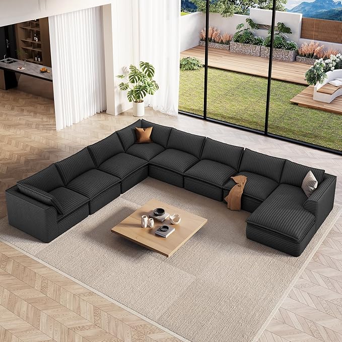 Vesgantti 204.7" Oversized Sectional Boneless Couch, Modern 9 Seater Modular Sofa with Chaise, Deep Seat Convertible Plush Corduroy Cloud Couches for Living Room, No Assembly Required, Dark Gray
