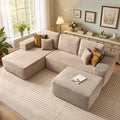 106" Cloud Sectional Couch with L-Shape Chaise & Ottoman, No Assembly Modular Sofa, Deep Seat Corduroy Boneless Couched for Living Room (Camel Stripe Corduroy, Left Facing Chaise with Ottoman)