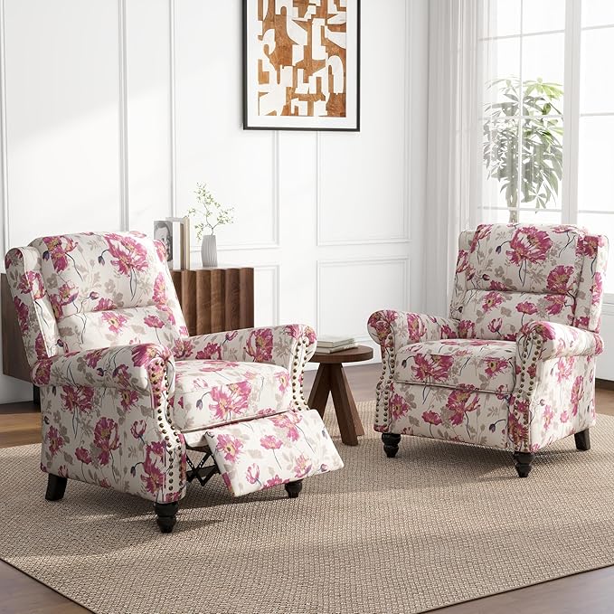 UIXE Floral Pushback Recliner Chairs Set of 2, Fabric Overstuffed Armchair Push Back Accent Chair for Living Room, Rivet Trim Club Chair Home Theater Single Sofa Bedroom Reading Seat