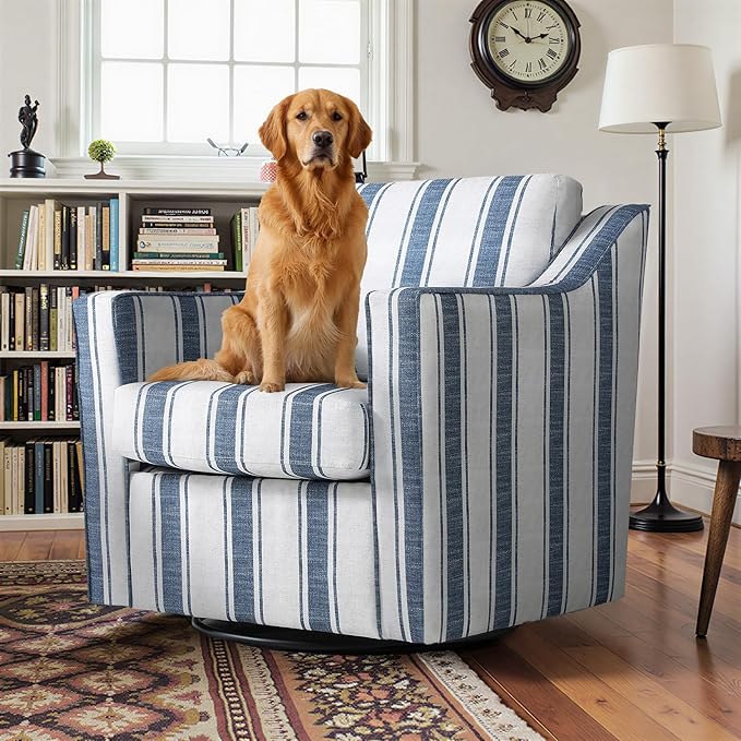 Pia Ricco 360° Swivel Accent Chair, Oversized Modern Striped Fabric Armchair with Removable Cover for Living Room and Reception,Navy