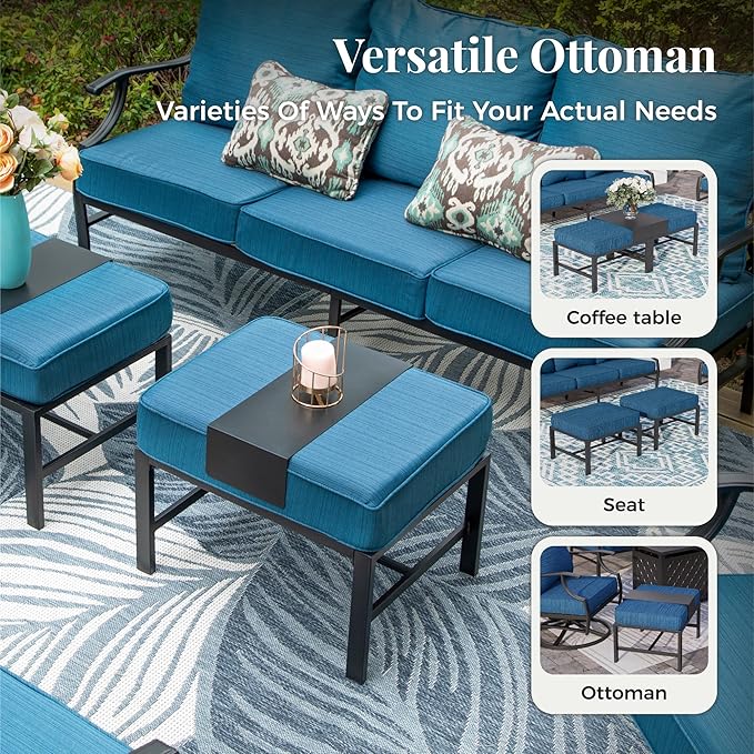 Patio Furniture Set, 6 Pcs Metal Outdoor Conversation Set, 2 Single Chairs, 2 Ottomans and 3 Seater Sofa with 5.75" Extra Thick Cushion and Gas Fire Pit Table, Gemstone Blue