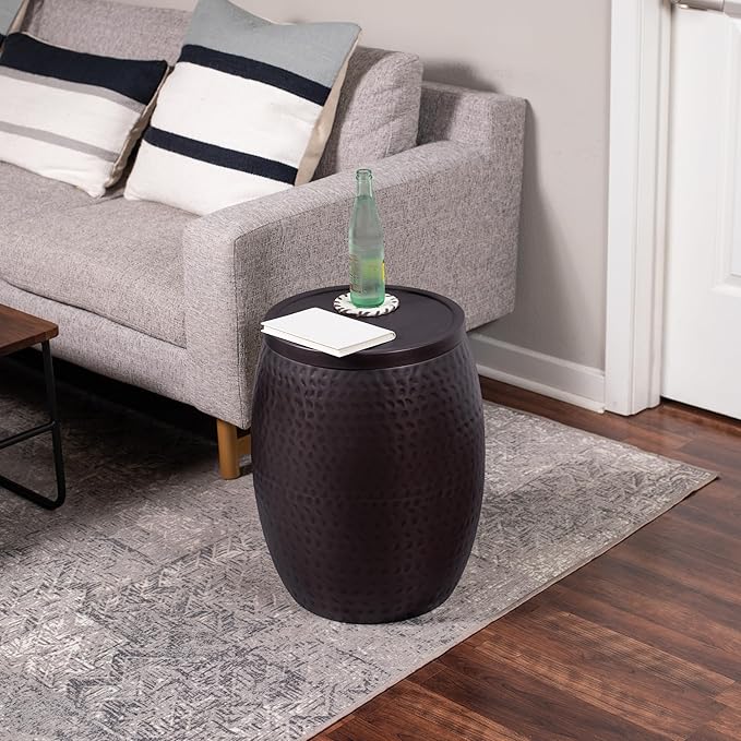 BIRDROCK HOME Iron Storage Side Table - Rustic Woven End Table with Removable Lid - Circle Barrel Accent Furniture for Living Room, Indoor, or Outdoor Use - 15.94" Dx 20" H - Oil Rubbed Bronze