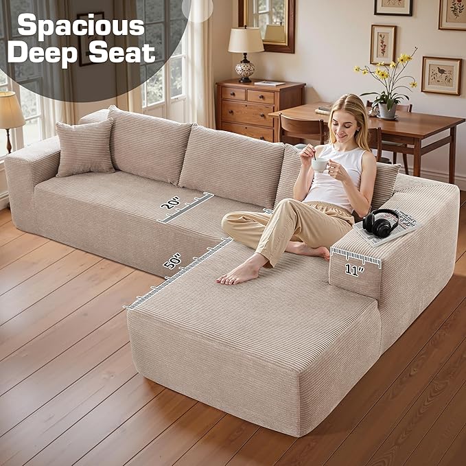 106" Cloud Sectional Couch with Chaise Lounge,L Shaped Modular Modern Sofa,Comfy Corduroy Fluffy Couches with Deep Seat,No Assembly Required Couch for Living Room(Right,Stripe Corduroy,Camel)