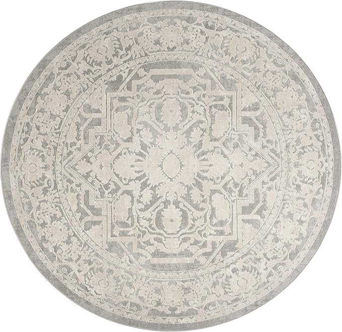SAFAVIEH Reflection Collection Area Rug - 6'7" Round, Light Grey & Cream, Non-Shedding & Easy Cleaning, Ideal for Living Room, Bedroom (RFT665C)