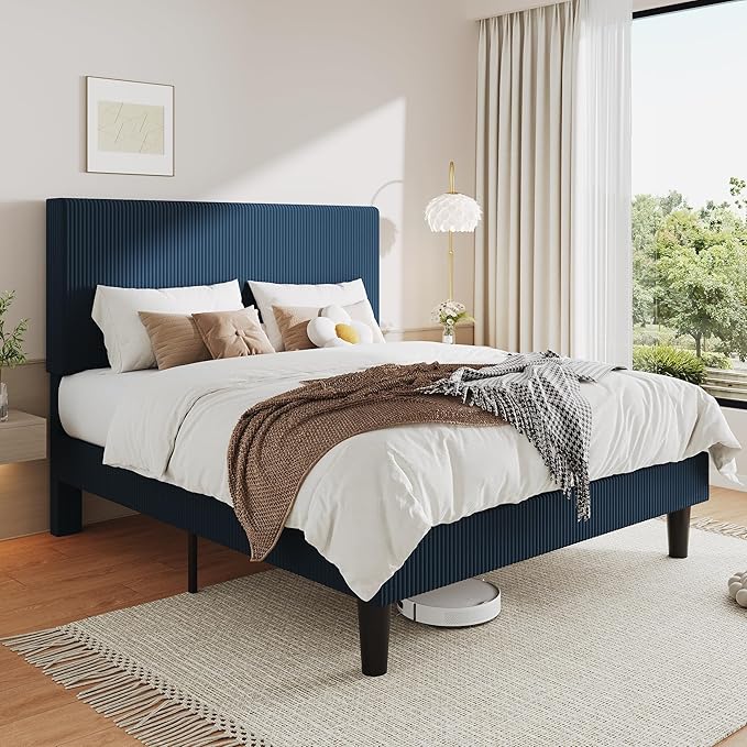 Allewie Full Size Upholstered Bed Frame with Vertical Channel Tufted Headboard, Soft Corduroy Fabric Platform Bed, Strong Wooden Slats Support, Easy Assembly, No Box Spring Needed, Dark Blue