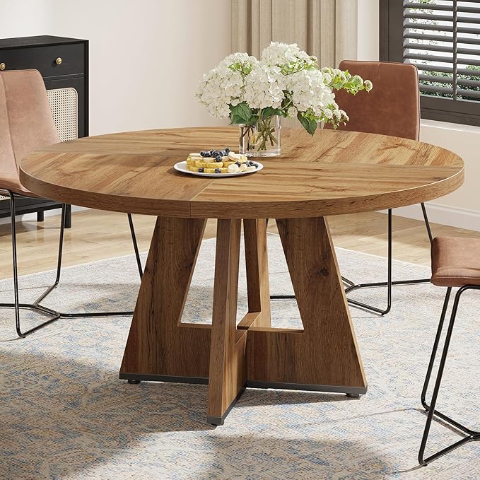 Tribesigns Round Dining Table for 4, 47 inch Farmhouse Circle Kitchen Table with Wooden Pedestal Base for Kitchen, Dining Room, Living Room (Wood)