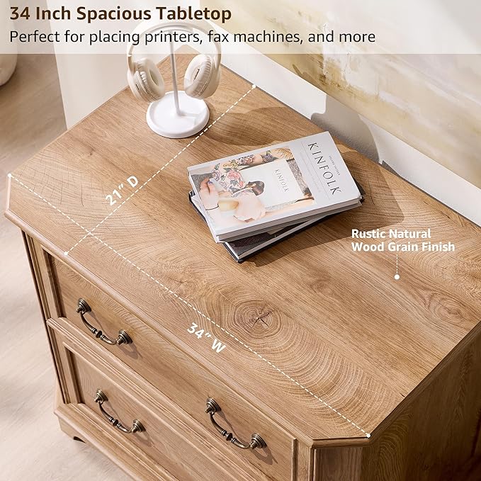 T4TREAM 34" Farmhouse Lateral File Cabinet for Home Office, Large 2-Drawer Wood Filing Cabinet w/Smooth Rails, Fits Letter/Legal Files, Storage Cabinet w/Framed Drawer Front Design, Light Knotty Oak