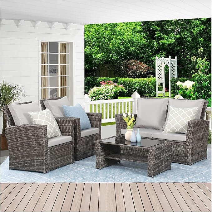 Wisteria Lane 4 Piece Patio Furniture Set, Wicker Outdoor Patio Conversation Furniture Set, All Weather Outdoor Patio Sofa with Cushion and Glass Table, Grey