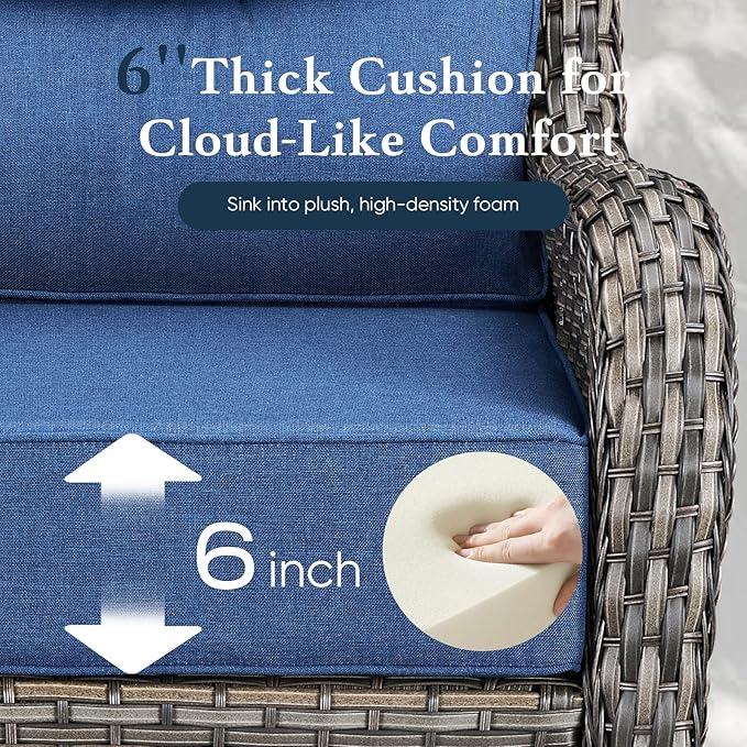 Belord Luxury 6" Thick Cushioned Outdoor Swivel Rocker Patio Chairs of 2, High Back Wicker Patio Furniture Set with Ergonomic Zone Back, Conversation Glider Set for Deck Porch - Grey+Blue