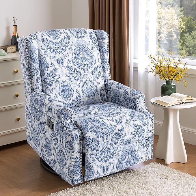 Pia Ricco Swivel Glider Recliner Chairs Set of 2, High Back Rocker Reclining Accent Chair with Smooth Manual Mechanism for Nursery, Comfortable & Quiet Upholstered Armchair Seating-Bule Pattern