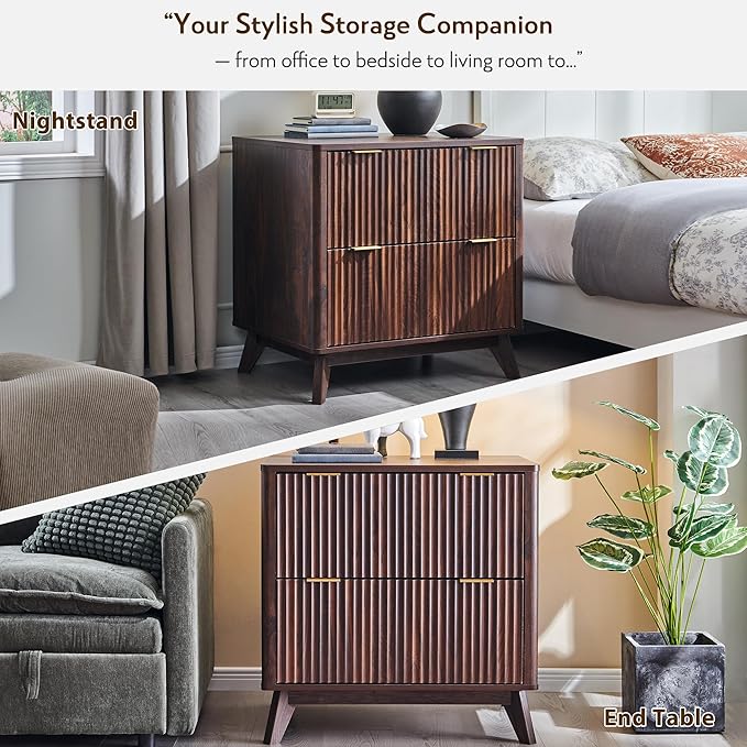 T4TREAM Fluted File Cabinet, 30" Lateral File Cabinet w/Files Hanging Rod for Letter/Legal/A4, Large Tabletop for Printer, Wood Filing Cabinets for Home Office, Walnut