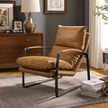 Art Leon Genuine Leather Accent Chair, Mid Century Modern Living Room Chair Lounge Chair with Black Metal Frame, Light Brown