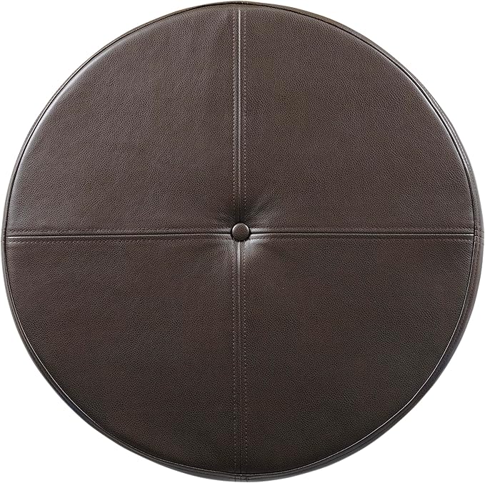 HomePop Round Leatherette Storage Ottoman with Lid, Chocolate Brown Large