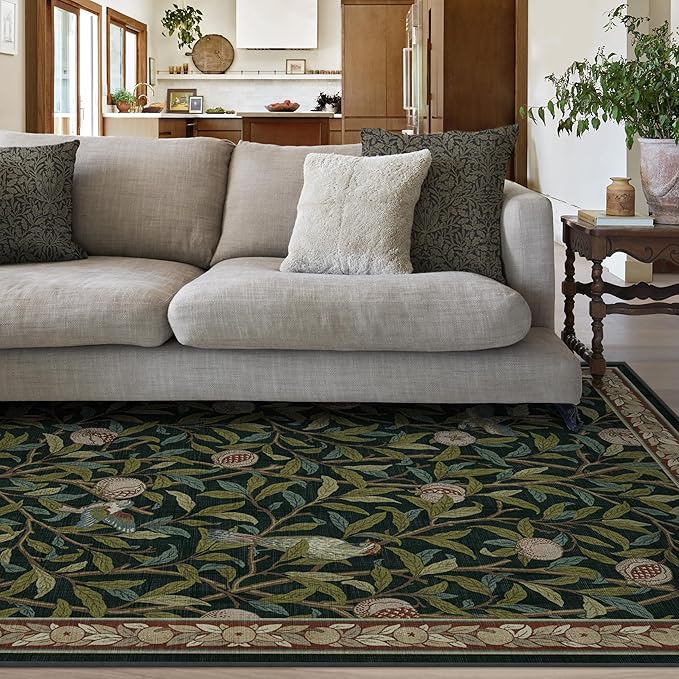 RUGGABLE x Morris & Co Washable Area Rug – Pomegranate Blue Green 6x9, Stain-Resistant, Non-Slip – Medium Machine Washable Rugs for Living Room, Bedroom, Hallway, Entryway & Office–with Cushioned Pad