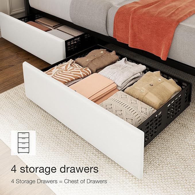 Garvee Queen Size Bed Frame with 4 Storage Drawers, Adjustable Height Headboard, Linen Upholstered Platform Bed Frame, No Box Spring Needed, Easy Assembly, White