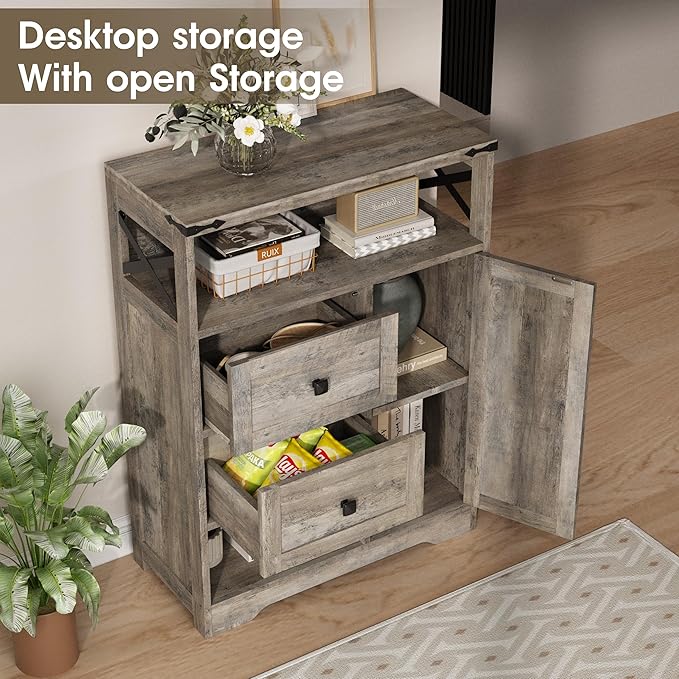 Fameill Farmhouse Storage Cabinet with 2 Drawers & Shelves,Freestanding Kitchen Cabinet with Doors,Floor Storage Organization for Living Room,Bathroom,Laundry,Grey