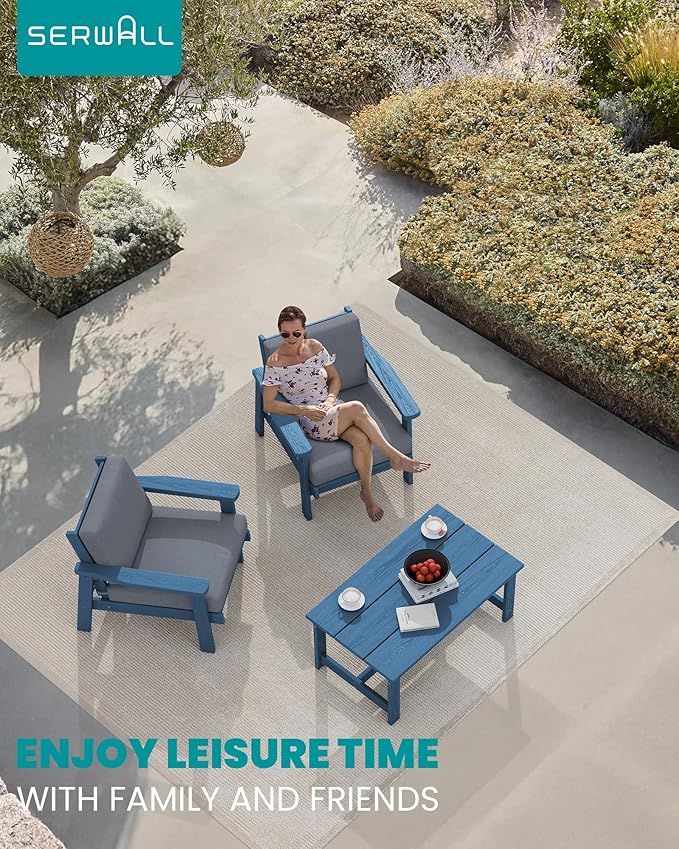 SERWALL HDPE Outdoor Couch Set of 2, Blue Frame and Grey Cushion