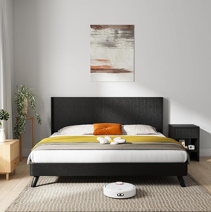 KEIKI Wooden Queen Size Headboard Only, 64.5" Wide Farmhouse Headboards with Wall Mounted Fluted Panel & Wingback for Bedroom, Black Oak