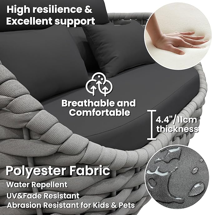 Aluminum Outdoor Patio Couch Set: 5 Pieces Woven Rope Porch Furniture Sofa Set Cushioned - Metal Modern Deck Conversation Set - All Weather Assembled Courtyard Seating for Backyard Pool Hotel