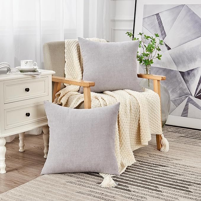 GAWAMAY Decorative Square Throw Pillow Covers 22"x22" Inch Set of 2, Super Soft Chenille Pillows Farmhouse Fall Pillowcase for Living Room Bedroom Sofa Couch Cushion Cover Light Grey 55x55cm