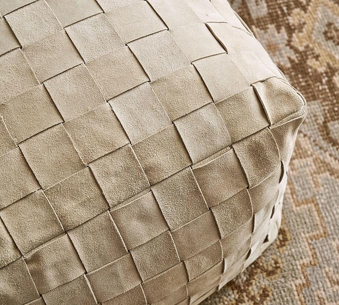 Luxury Handcrafted Suede Basketweave Pouf Ottoman – Soft & Durable Floor Cushion, Footrest, and Accent Seating for Living Room, Bedroom, & Office – Stylish Modern Home Décor (Stone, 18" x 18" x 14")
