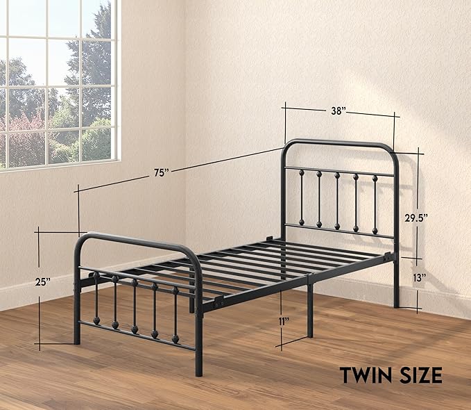 Golden Gate Beds Vintage Wrought Iron Bed Frame with Classic Metal Platform Base, Headboard and Footboard, No Box Spring Needed, Easy Assembly, Mattress Base, Noise-Free, Sleek Black Finish, Twin Size