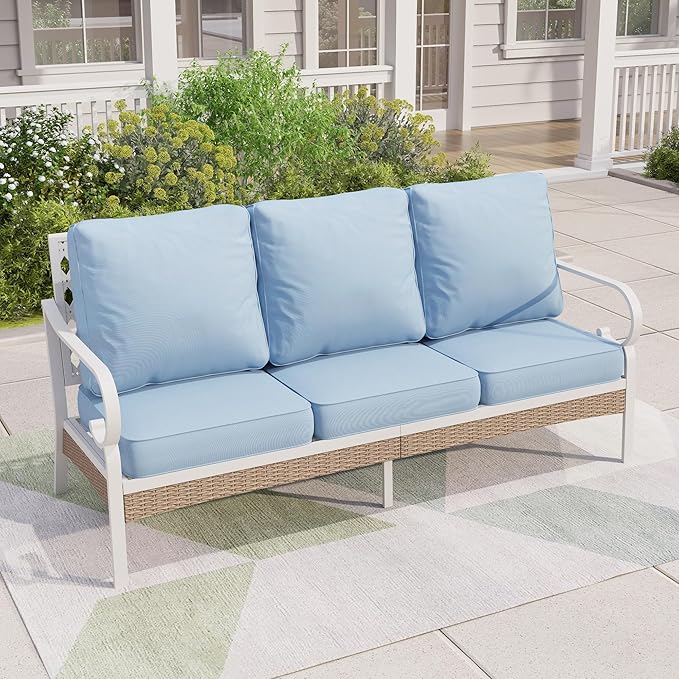 Patio Furniture Sofa, 3-Seat Patio Sofa Steel Frame Outdoor Sectional Couch with Deep Seating and 5.5” Cushions for Lawn Backyard Porch Deck, Blue