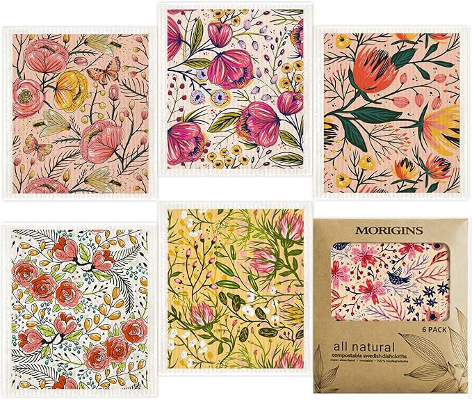 Morigins Swedish Dishcloths for Kitchen,6 Pack Swedish Dish Towels,Cellulose Sponge Cloths,Non Scratch Reusable Paper Towels, Biodegradable and Reusable Kitchen Dish Rags (Watercolor Floral)
