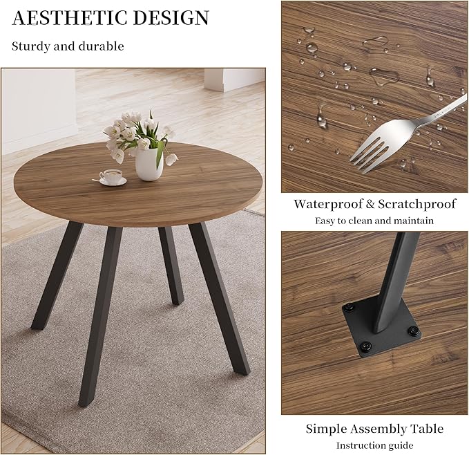 34.6'' Round Dining Table and Chairs for 4 Space Saving for Apartment Kitchen Dining Room (Walnut Table+4 U-Shaped White Chairs)