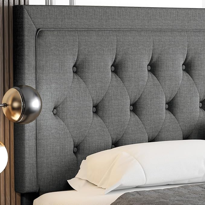 Allewie Full Size Button Tufted Platform/Fabric Upholstered Bed Frame with Adjustable Headboard/Wood Slat Support/Mattress Foundation/Dark Grey (Full)