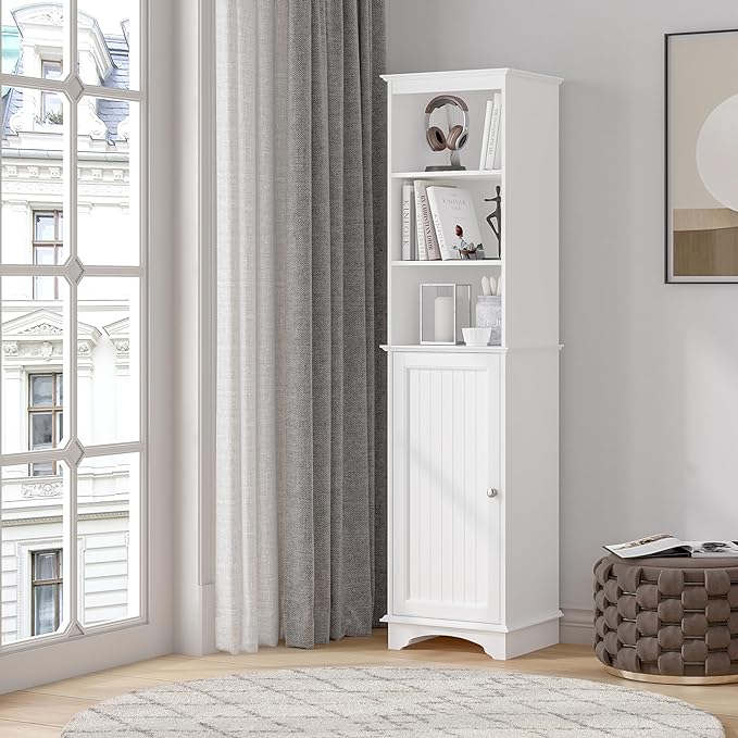 Spirich Home Freestanding Storage Cabinet with Three Tier Shelves, Tall Slim Cabinet, Free Standing Linen Tower, White