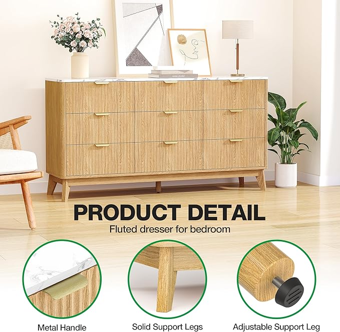 Fluted 9 Drawer Dresser, 57" Wide Chest of Drawers with Faux Marble Top,Modern Dresser TV Stand, Wood Closet Clothes Storage Organizer with Curved Edges for Bedroom, Living Room, Natural