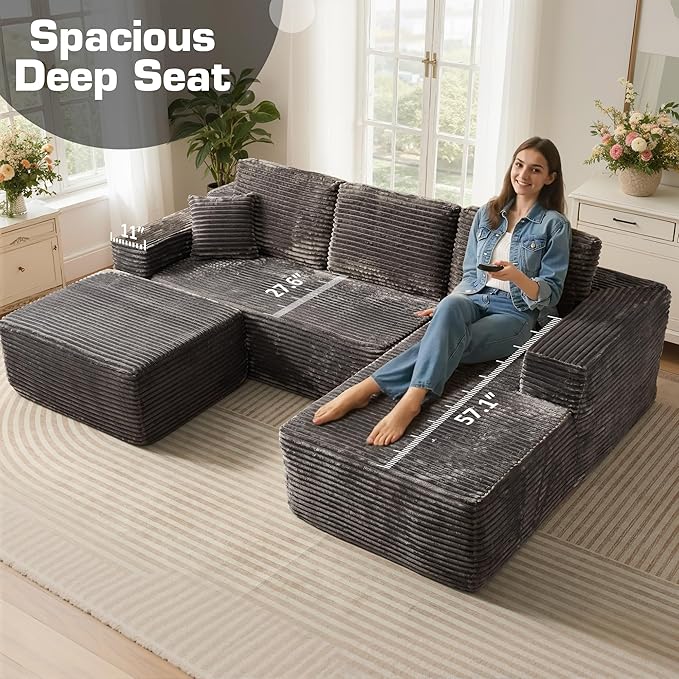 106" Cloud Sectional Couch with L-Shape Chaise & Ottoman, No Assembly Modular Sofa, Deep Seat Plush Corduroy Boneless Couched for Living Room (Gray Plush Corduroy, Right Facing Chaise with Ottoman)