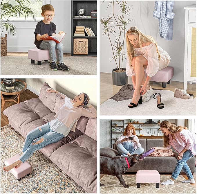 HOMCOM Ottoman Foot Rest, Small Foot Stool with Linen Fabric Upholstery and Plastic Legs, Cube Ottoman for Living Room, Pink