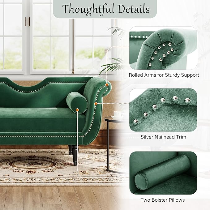 Christopher Knight Home Aurora Velvet Chaise Lounge Indoor with 2 Bolster Pillows, Upholstery Entryway Bench with Nailhead Trim & Curved Arms, End of Bed Bench Ottoman and Wooden Legs, Green