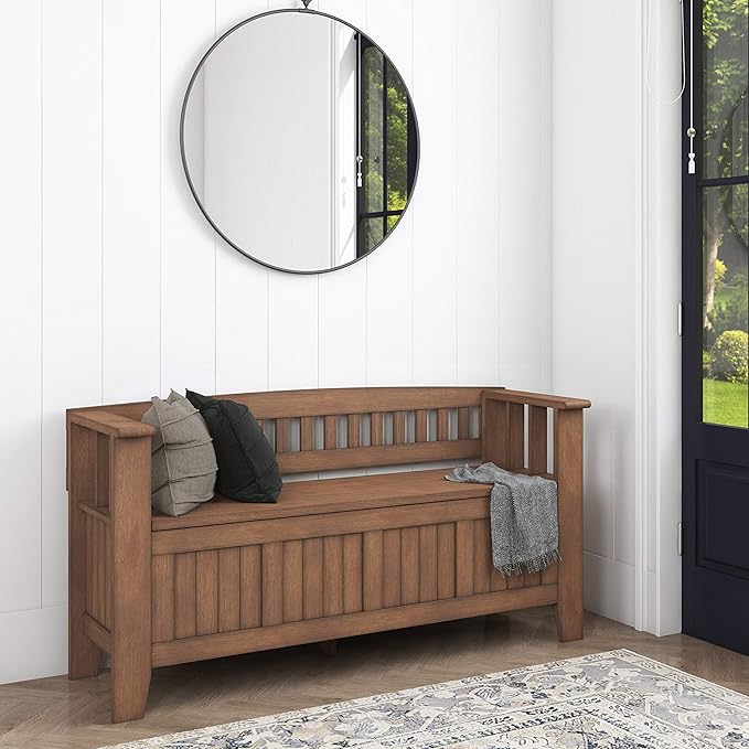 SIMPLIHOME Acadian SOLID WOOD 48 Inch Wide Transitional Entryway Storage Bench in Rustic Natural Aged Brown, For the Living Room, Entryway and Family Room