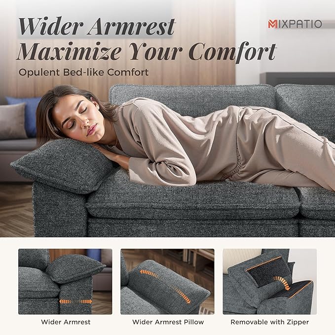123" Cloud Modular Sectional Sofa, 3-Seater w/Deep Seat & Removable Arms, Plush Chenille for Living Room - Cyan