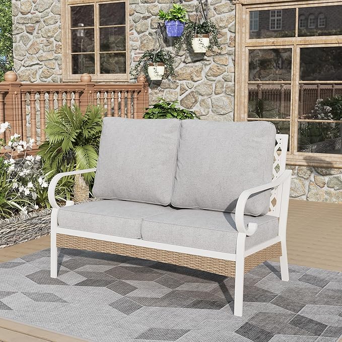 Patio Furniture Sofa, Love-Seat Patio Sofa Steel Frame Outdoor Sectional Couch with Deep Seating and 5.5” Cushions for Lawn Backyard Porch Deck, Light Gray
