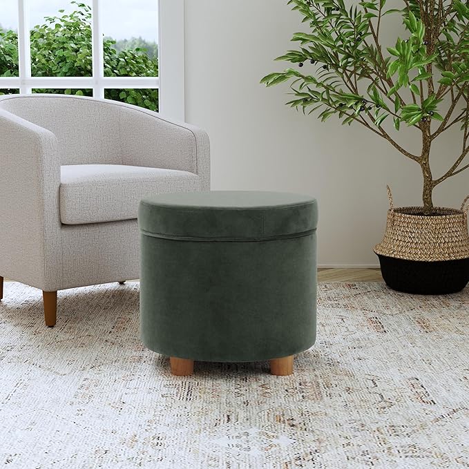 HomePop Home Decor | Upholstered Round Storage Ottoman | Ottoman with Storage for Living Room & Bedroom, Loden Green Velvet Large