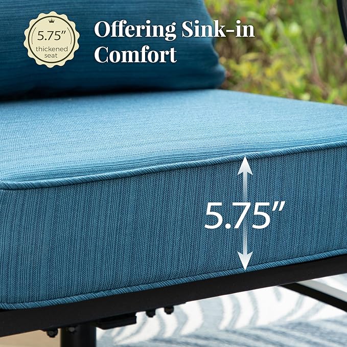 Patio Furniture Set, 4 Pcs Metal Outdoor Conversation Set, 2 Rocking Chairs and 3 Seater Sofa with 5.75" Extra Thick Cushion and Gas Fire Pit Table for Backyard Deck, Gemstone Blue