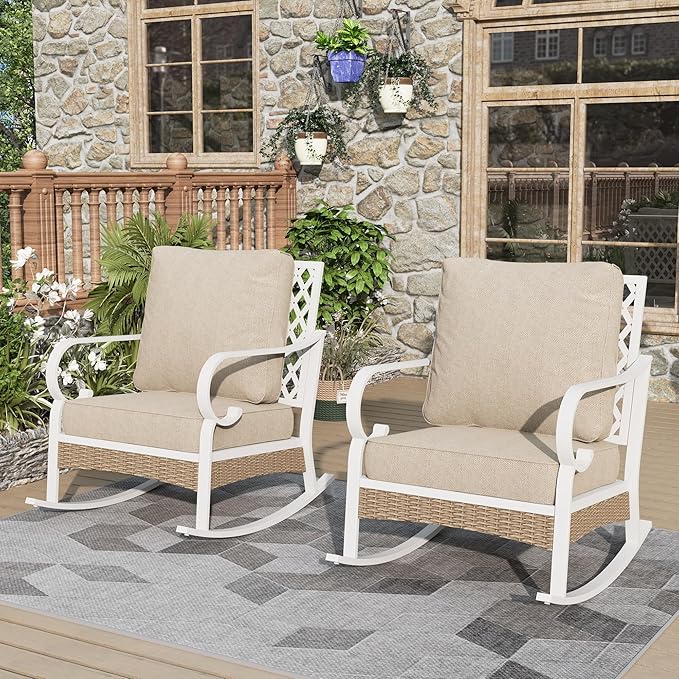 Outdoor Patio Rocking Sofa Chairs Set of 2 Steel Frame Porch Furniture with Deep Seating and 5.5" Cushions for Lawn Backyard Deck, Beige