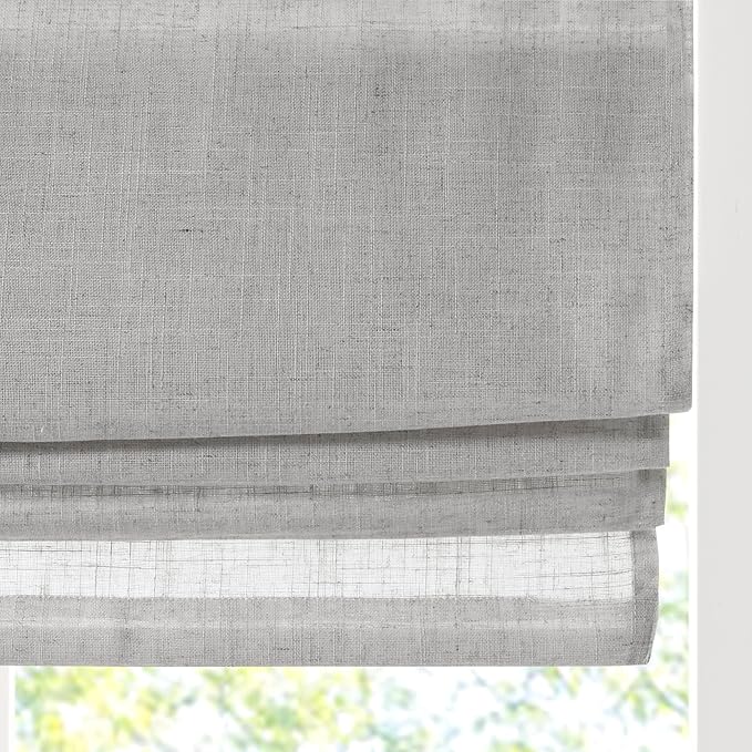 Madison Park Kyler Cordless Roman Shades - Single Panel, Lightweight Linen Blend Fabric, Natural Design, Easy Installation, Light Filtering Window Blind, Bedroom, Living Room Decor 34" W x 64" H Grey