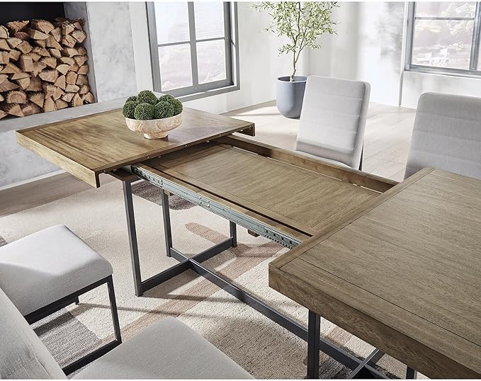Signature Design by Ashley Tomtyn Casual Self Storing Leaf Dining Extension Table with Trestle Base, Light Brown
